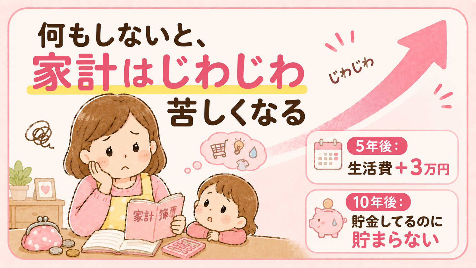 何もしないと家計がじわじわ苦しくなる未来を示す図解
