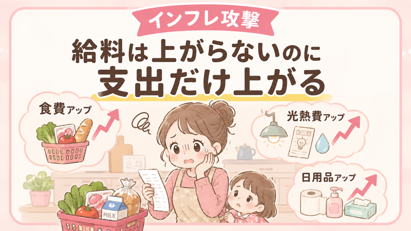 給料は上がらないのに食費や光熱費などの支出だけが上がることを示す図解