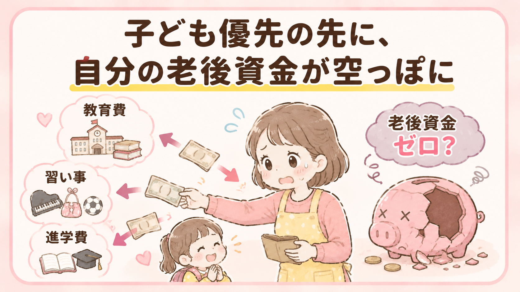 子ども優先の支出でママ自身の老後資金が空っぽになる危険を示す図解
