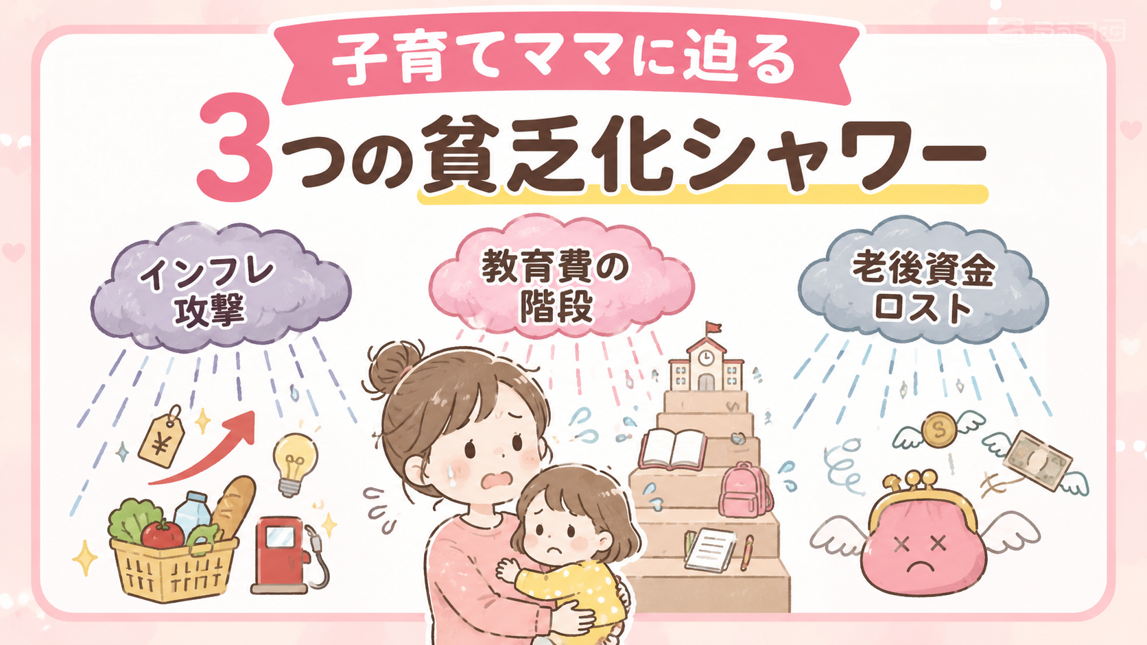 子育てママを襲うインフレ攻撃・教育費の階段・老後資金ロストの三重苦を説明する図解