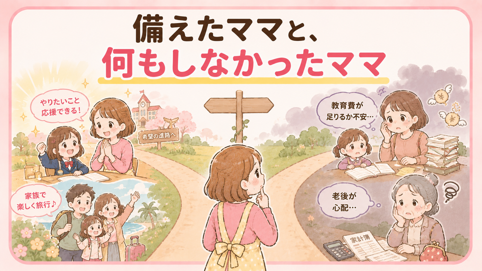 三重苦に備えたママと何もしなかったママの未来の違いを示す図解